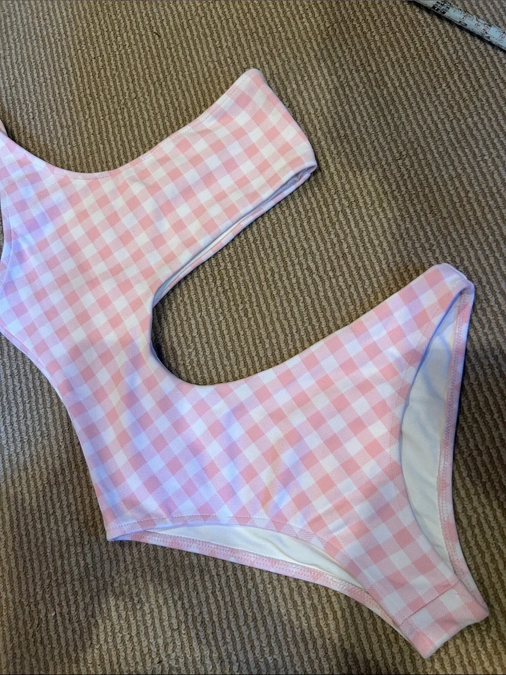 NWOT FRANKIES Bikinis cash one piece one shoulder in pink picnic gingham size S